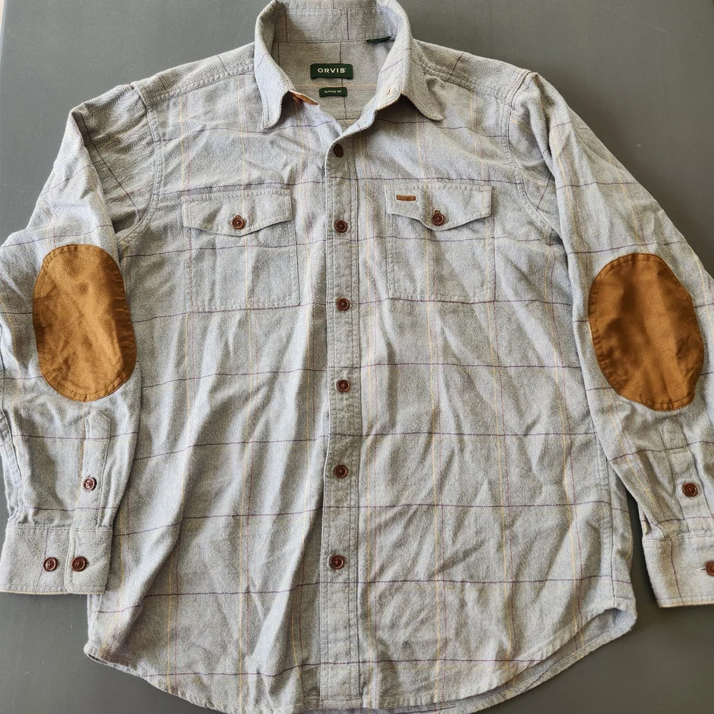 Orvis Fairbanks Shirt Mens Med Light Check Flannel Button Up SUEDED ELBOW Patch - Picture 2 of 14